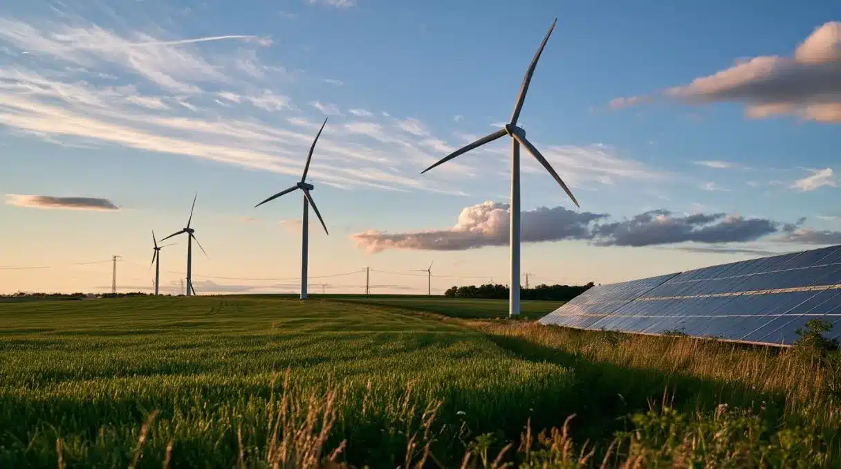 Vindmøller og solceller i et landskab med vedvarende energi